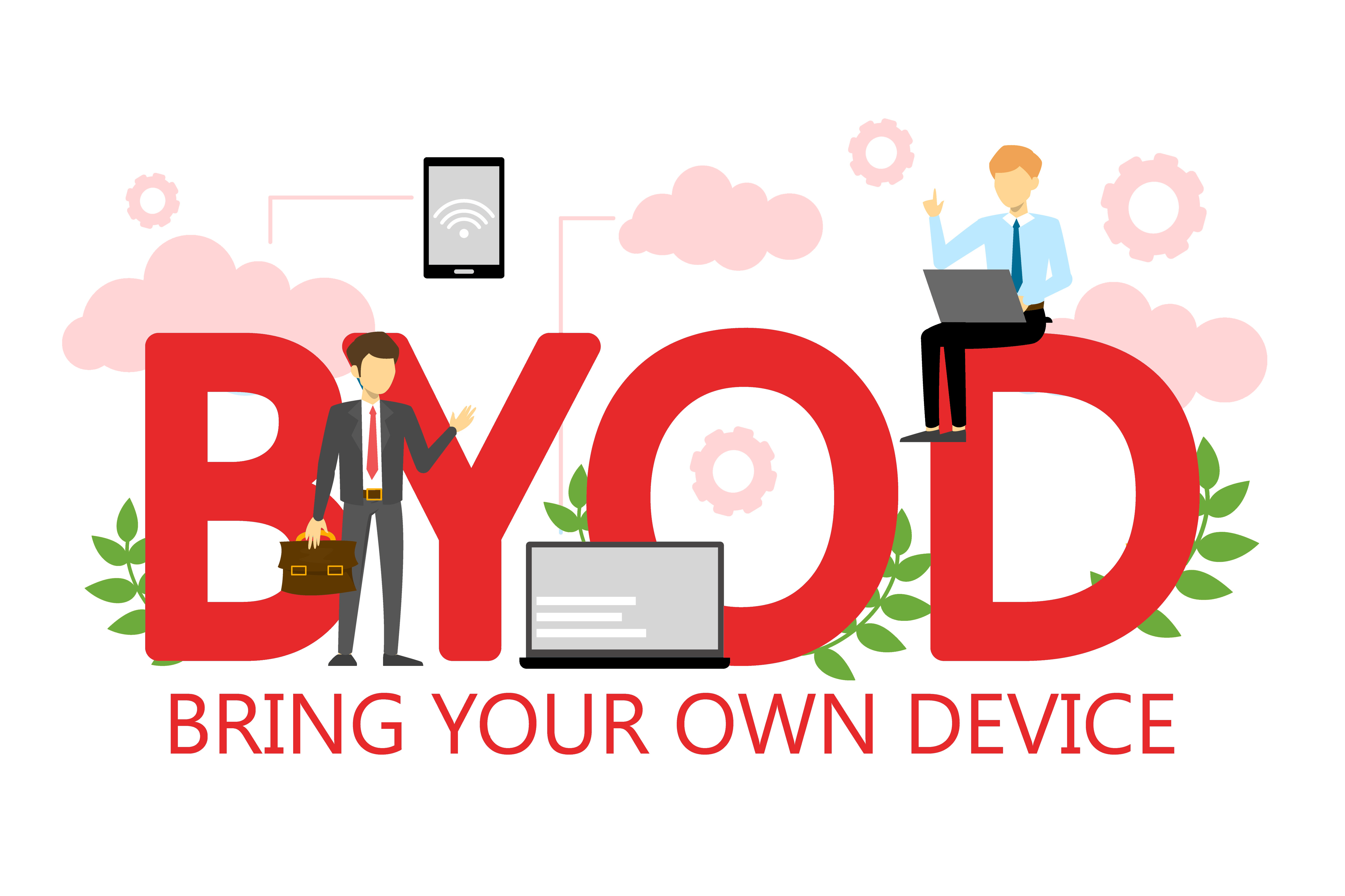 Bring Your Own Device illustration with two employees working on different devices.