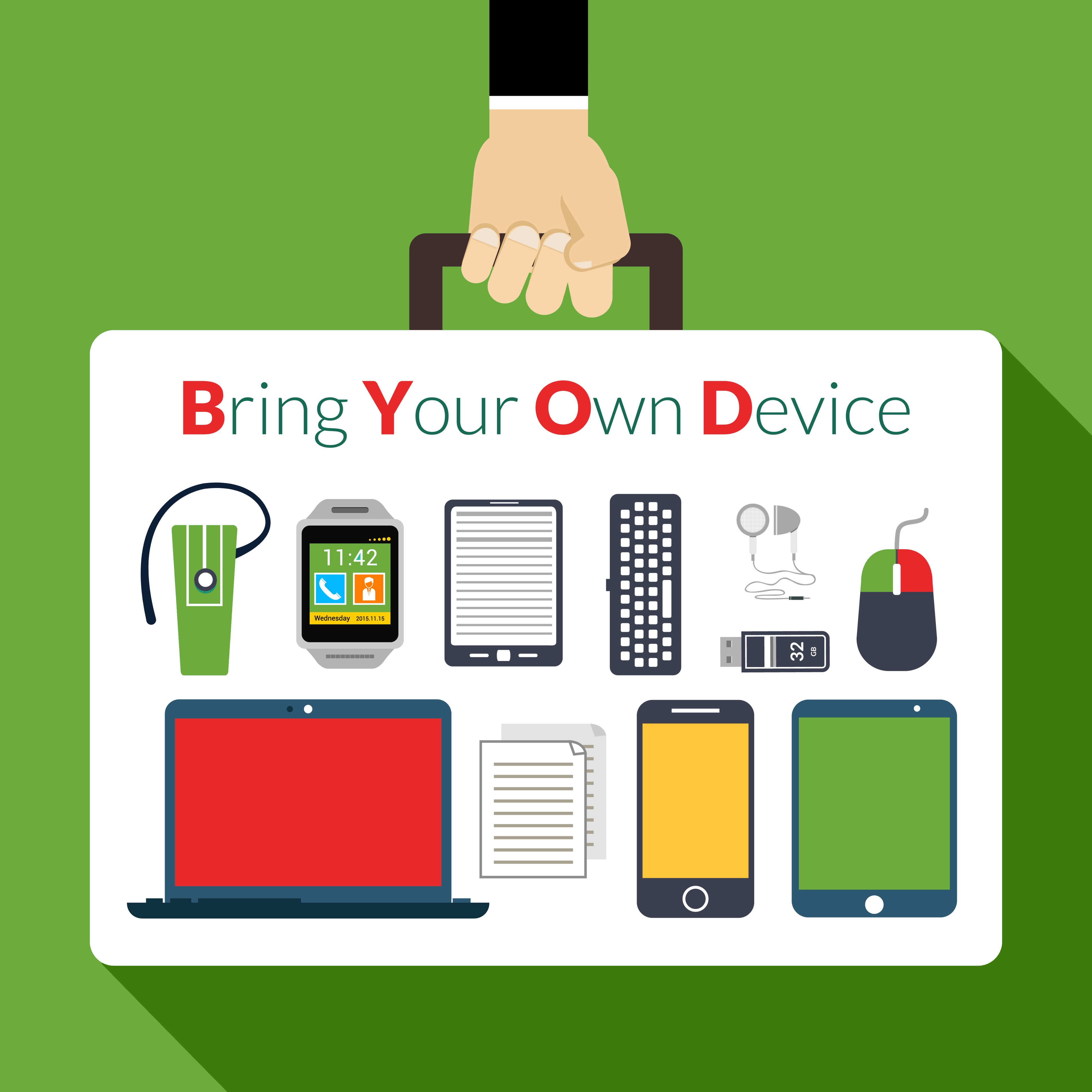 Bring Your Own Device - human hand holding a briefcase filled with different electronic devices laid out.