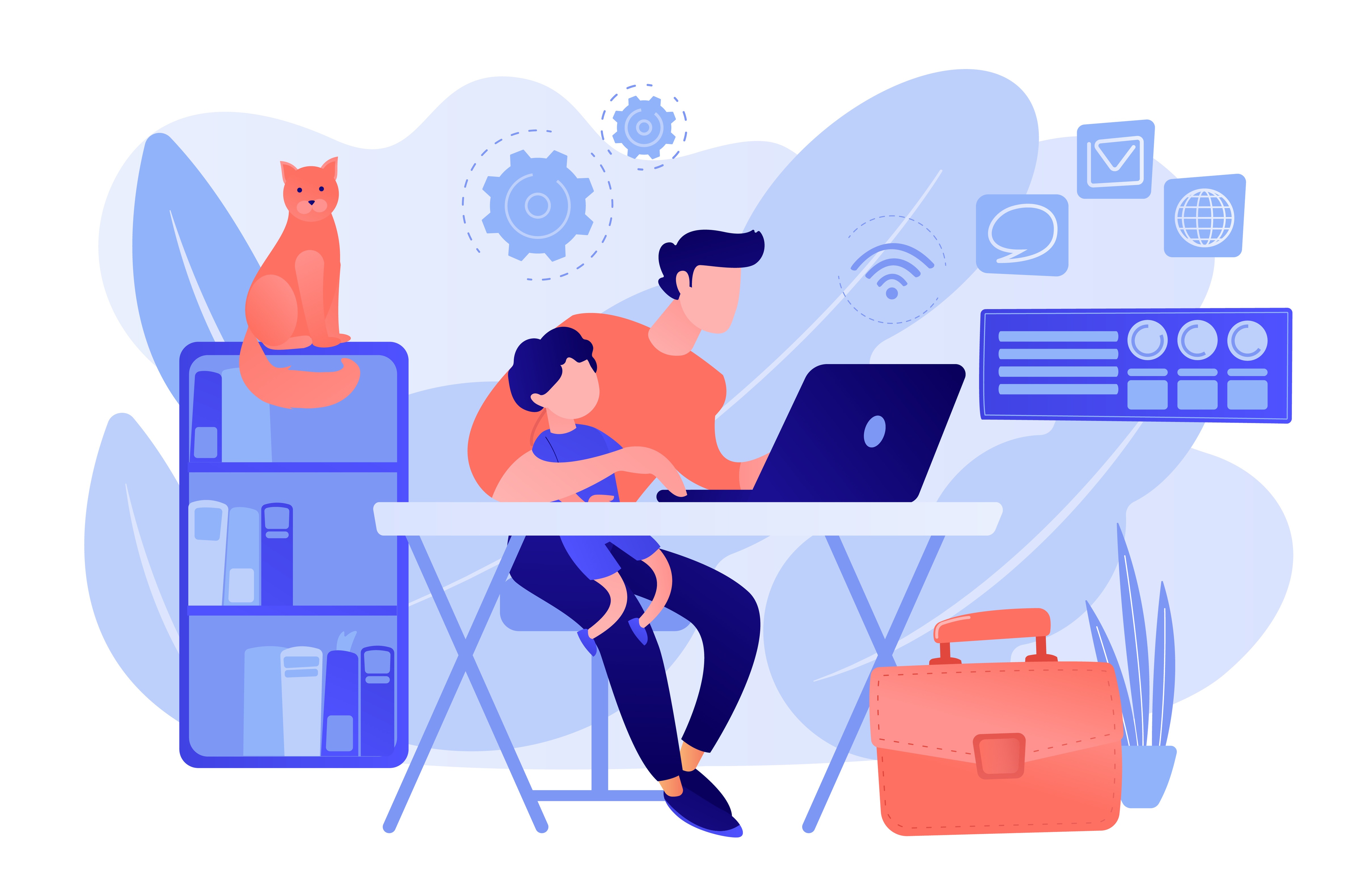 Freelancer with child working on laptop. Parent working with son. Home office. Remote worker, employee schedule, flexible schedule concept. Pink coral blue vector isolated illustration demonstrating flexible working with Microsoft 365.